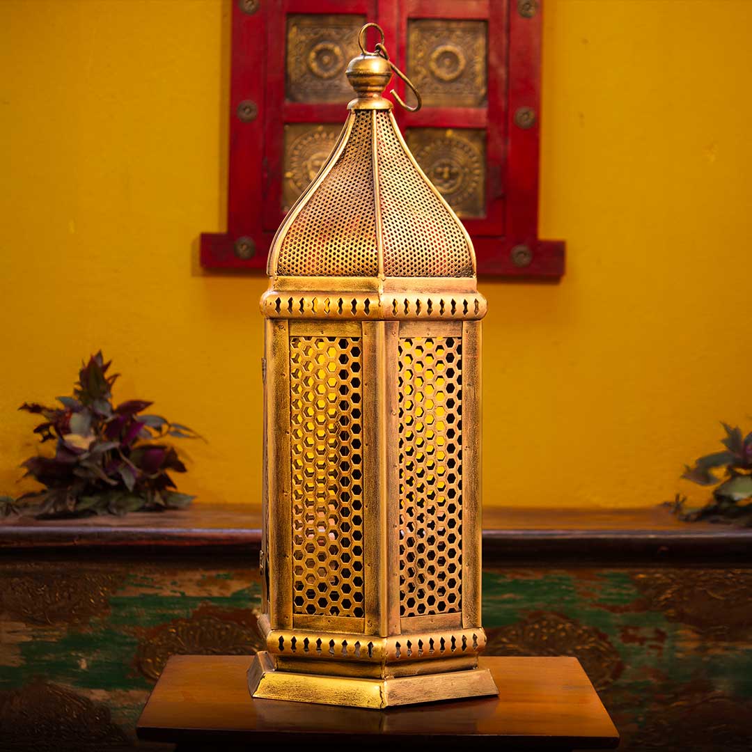 Iron Perforated Minar Lantern with Golden Paint Height 27 Inches Iron Perforated Minar Lantern with Golden Paint Height 27 Inches